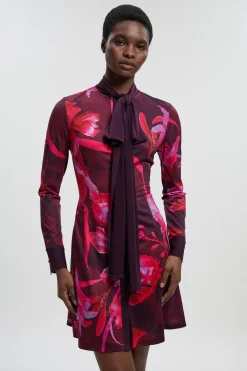 Robe Mini à Manches Longues avec Encolure Nouée et Imprimé Floral en Crêpe