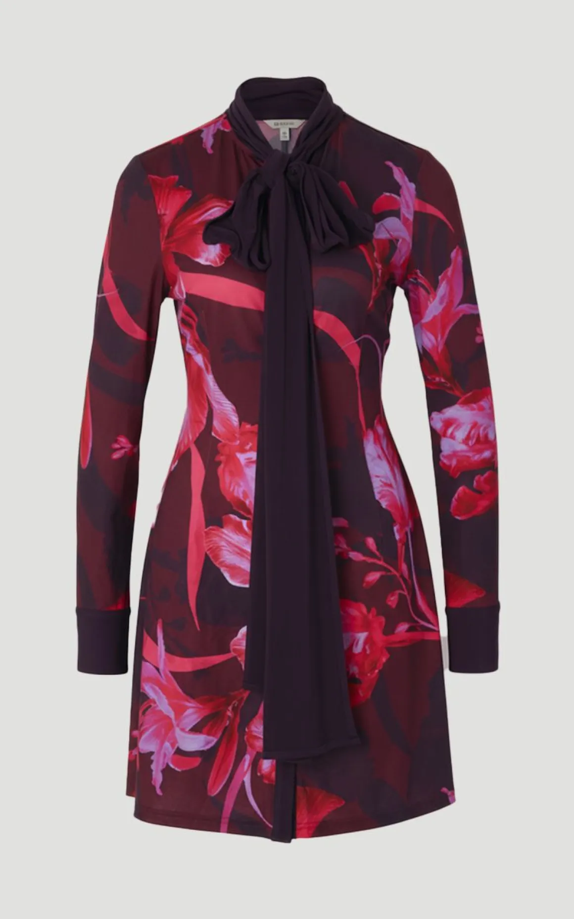 Robe Mini à Manches Longues avec Encolure Nouée et Imprimé Floral en Crêpe
