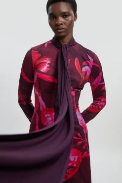 Robe Mini à Manches Longues avec Encolure Nouée et Imprimé Floral en Crêpe