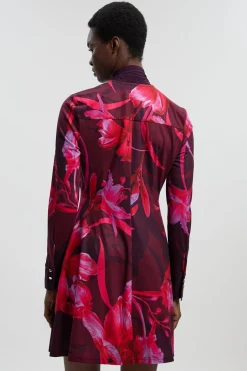 Robe Mini à Manches Longues avec Encolure Nouée et Imprimé Floral en Crêpe