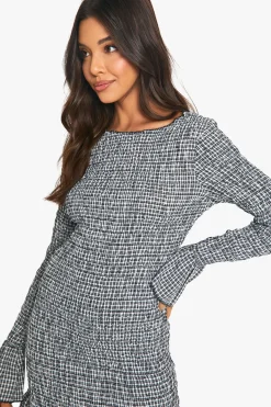 boohoo Robe mini à manches longues à carreaux et fronces<Femme Robes Moulantes|Looks Preppy