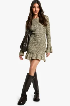 Robe Mini Manches Longues à Carreaux Froncée