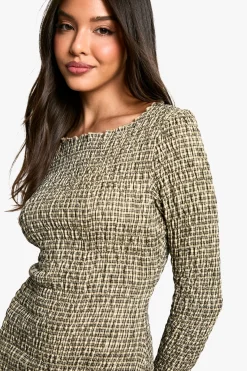 Robe Mini Manches Longues à Carreaux Froncée