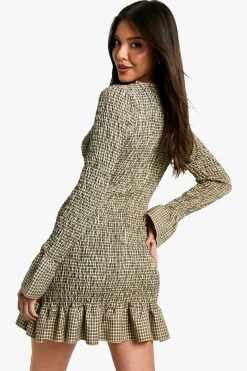 Robe Mini Manches Longues à Carreaux Froncée