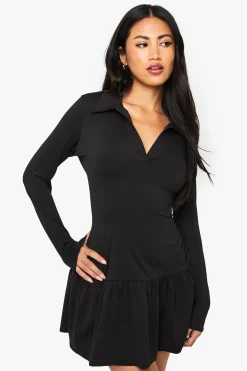 Robe mini à manches longues à col et ourlet déposé