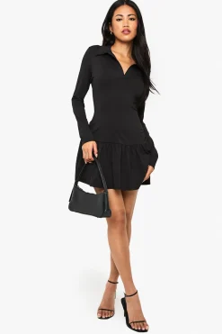 Robe mini à manches longues à col et ourlet déposé