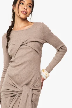 Robe mini à manches longues en côte brossée avec nœud