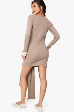 Robe mini à manches longues en côte brossée avec nœud
