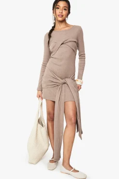 Robe mini à manches longues en côte brossée avec nœud