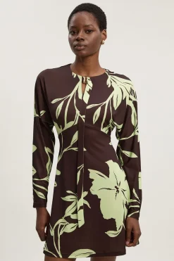 KarenMillen Robe Mini à Manches Longues en Crêpe à Imprimé Floral avec Détail Nœud et Découpe<Femme Toutes Les Robes|Robes À Manches Longues
