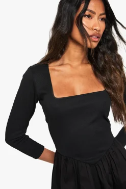 Robe Mini À Manches Longues En Jersey Côtelé Mélange Coton