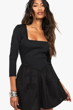Robe Mini À Manches Longues En Jersey Côtelé Mélange Coton