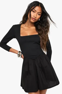 Robe Mini À Manches Longues En Jersey Côtelé Mélange Coton