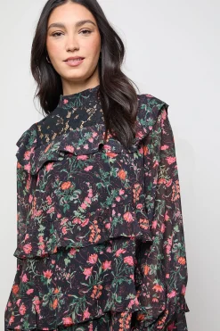 Robe Mini à Manches Longues en Mousseline Imprimée avec Détails en Dentelle et Volants Étagés