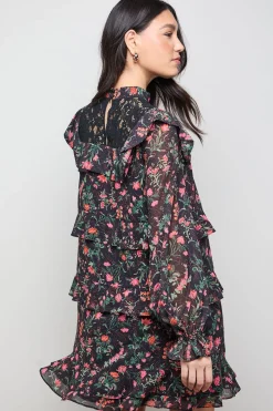 Robe Mini à Manches Longues en Mousseline Imprimée avec Détails en Dentelle et Volants Étagés