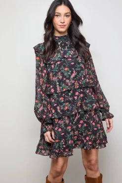 Robe Mini à Manches Longues en Mousseline Imprimée avec Détails en Dentelle et Volants Étagés