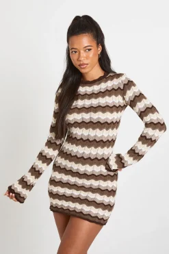 Robe Mini À Manches Longues En Maille À Rayures