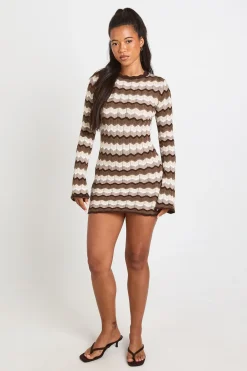 Robe Mini À Manches Longues En Maille À Rayures
