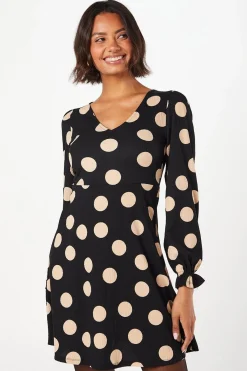 Robe Mini à Manches Longues et Col en V à Pois