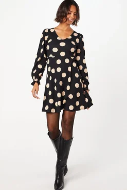 Robe Mini à Manches Longues et Col en V à Pois