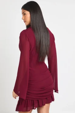 Robe Mini à Manches Longues et Col Drapé