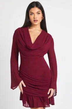 Robe Mini à Manches Longues et Col Drapé