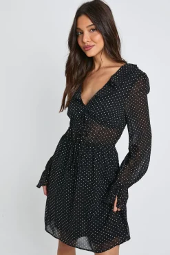 Robe mini à manches longues froncée avec détail à volants