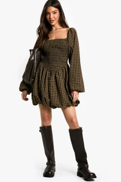 Robe Mini à Manches Longues Froncées et à Manches Bouffantes