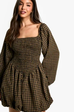 Robe Mini à Manches Longues Froncées et à Manches Bouffantes