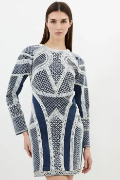 Robe Mini à Manches Longues ornée de perles