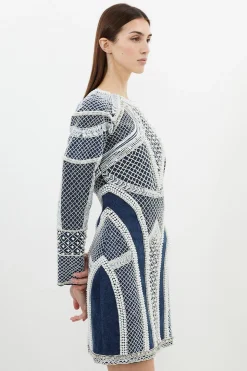 Robe Mini à Manches Longues ornée de perles