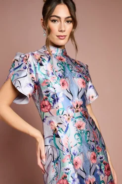 Robe Mini à Manches Tulipe et Motif Floral Placé