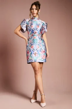 Robe Mini à Manches Tulipe et Motif Floral Placé