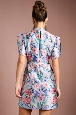 Robe Mini à Manches Tulipe et Motif Floral Placé