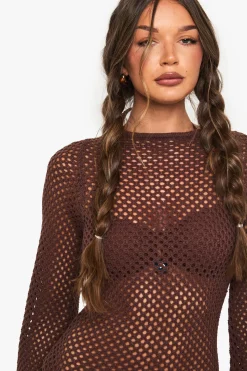 boohoo Robe mini à manches évasées en crochet<Femme Looks Chocolat|Pulls Et Gilets