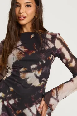 Robe Mini à Manches Évasées en Maille Abstraite Tonale