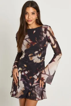 Robe Mini à Manches Évasées en Maille Abstraite Tonale