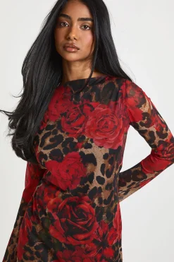 Robe Mini à Manches Évasées en Maille Imprimé Léopard Mixte
