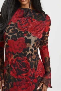 Robe Mini à Manches Évasées en Maille Imprimé Léopard Mixte