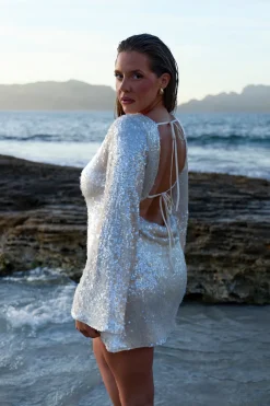 Robe Mini À Manches Évasées Et Sequins Texturés