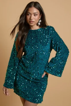 Robe Mini à Manches Évasées et Sequins Petite Taille