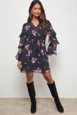 Robe Mini à Manches Volantées avec Détails en Dentelle Imprimée