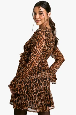 Robe mini à manches à volants léopard