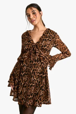 Robe mini à manches à volants léopard