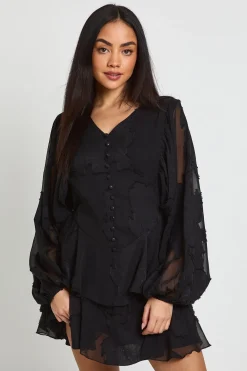 Robe Mini à Manches Volumineuses et Ourlet à Volants Motif Floral Dévoré