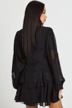 Robe Mini à Manches Volumineuses et Ourlet à Volants Motif Floral Dévoré