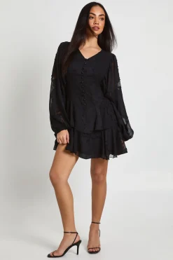 Robe Mini à Manches Volumineuses et Ourlet à Volants Motif Floral Dévoré