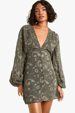 boohoo Robe mini à manches volumineuses Tall Paisley Burnout<Femme Robes À Manches Longues|Robes