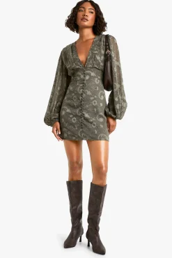 boohoo Robe mini à manches volumineuses Tall Paisley Burnout<Femme Robes À Manches Longues|Robes