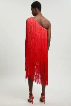 Robe Mini Moulante Bandage Une Épaule à Franges en Maille